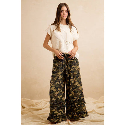 CAMOUFLAGE PRINTED TWILL RUFFLED DETAIL WIDE PANTS