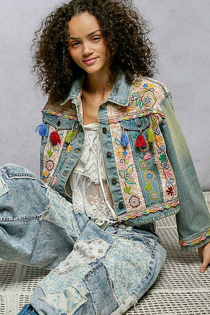 Floral Embroidery Lace Trim Tassel Denim Jacket