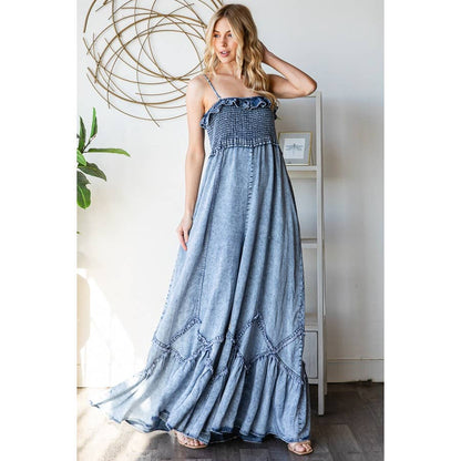 SMOCKED RUFFLE HEM WIDE LEG TENCEL JUMPSUIT