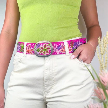 Pink Amaryllis Wide Embroidered Belt