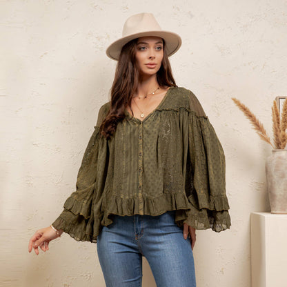 Dreamy Sheer V-Neck Ruffled Button-Front Top