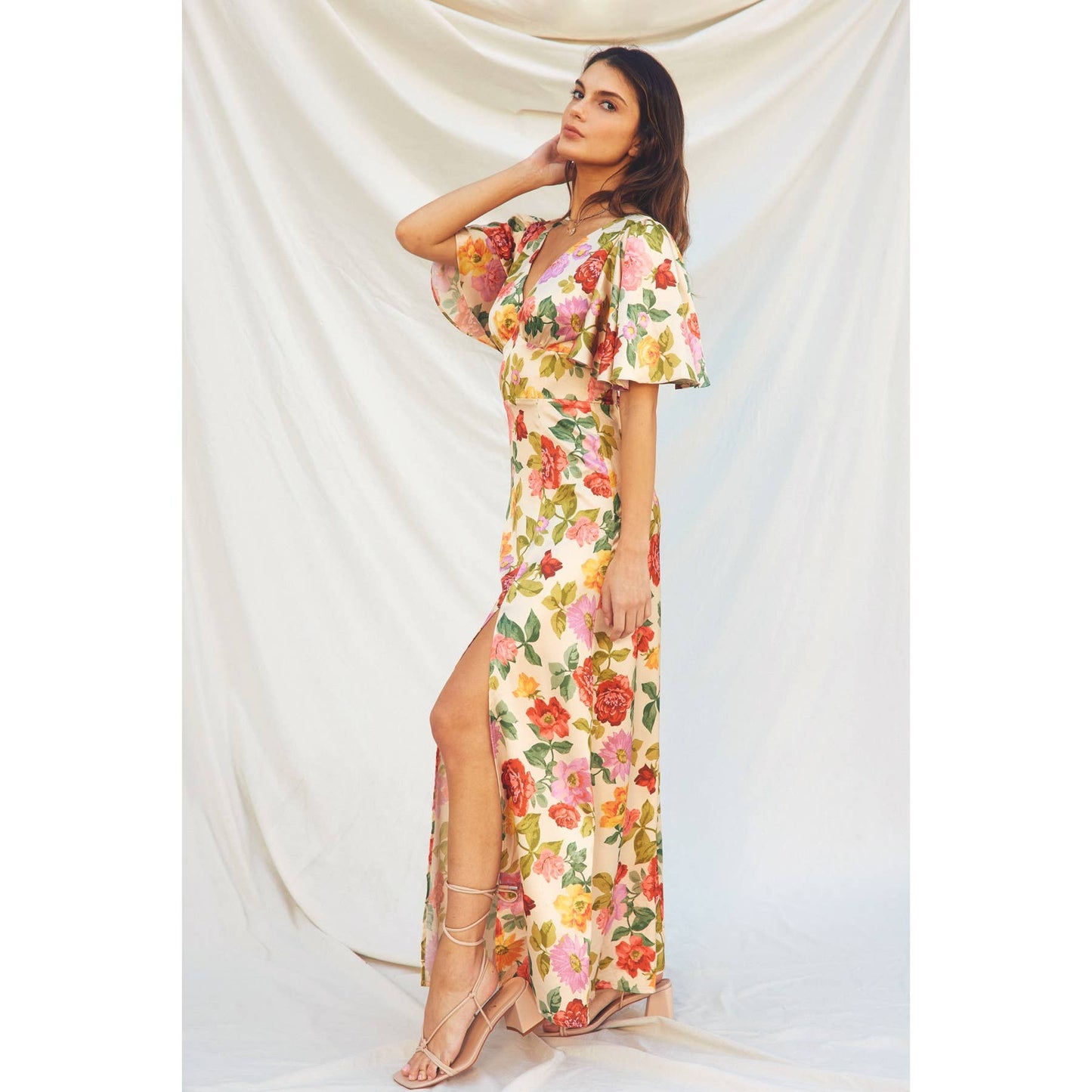 Floral Flutter Sleeve Plunging Maxi Dress