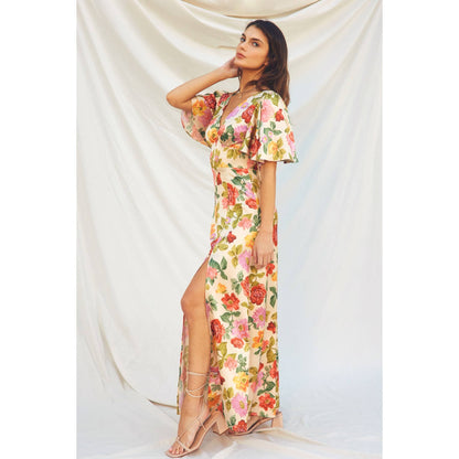 Floral Flutter Sleeve Plunging Maxi Dress