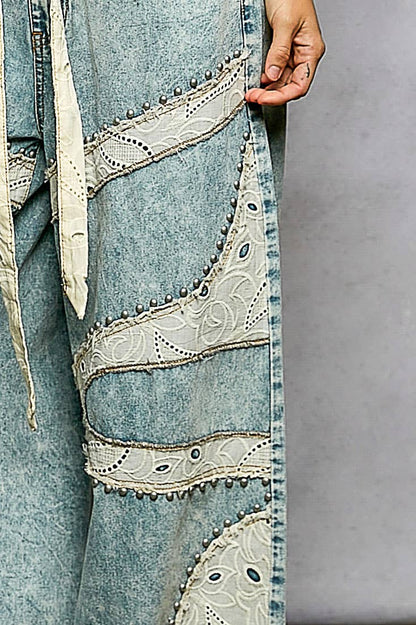 Stud Eyelet Lace Patch Wide Leg Pants