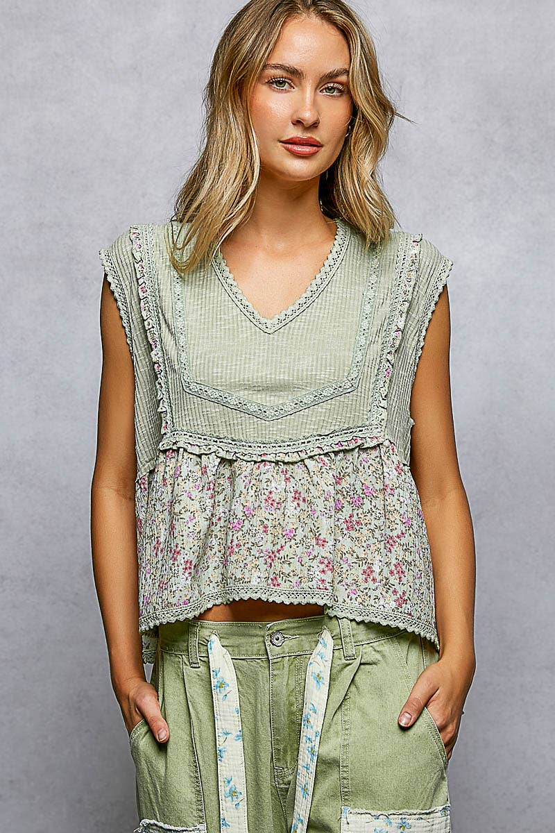 V-neck Floral Ruffle Sleeveless Top