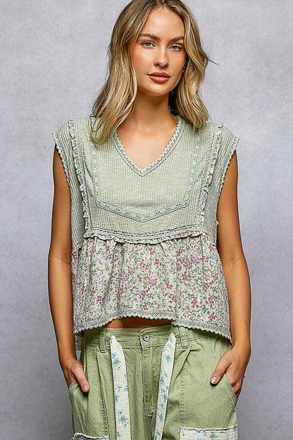 V-neck Floral Ruffle Sleeveless Top