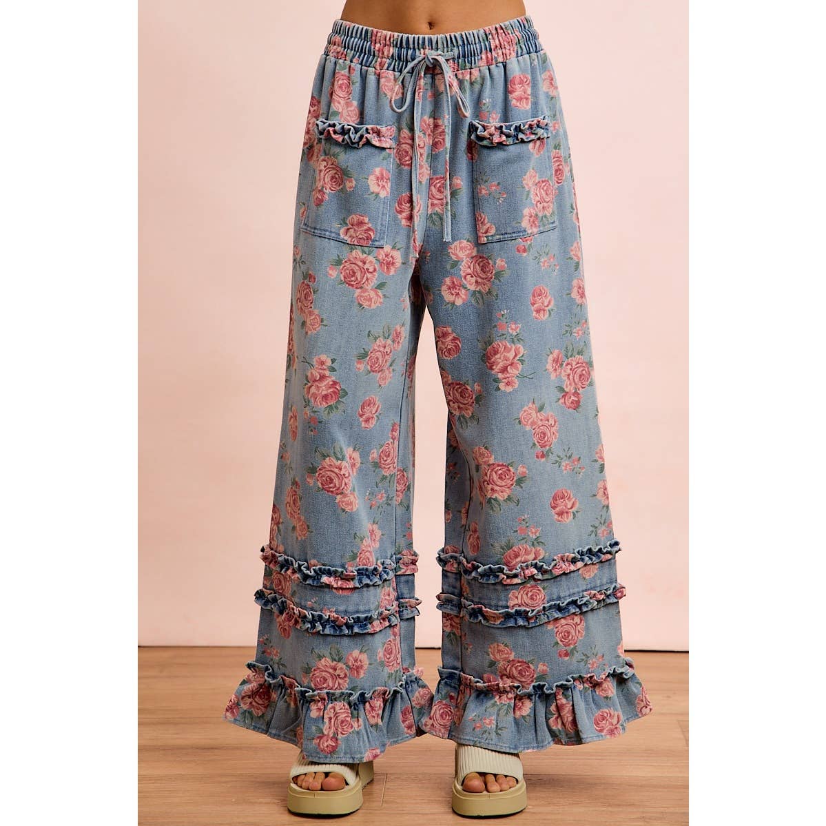 WASHED FLORAL DENIM WITH RUFFLE ELASTIC WIDE PANTS