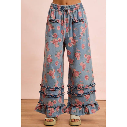 WASHED FLORAL DENIM WITH RUFFLE ELASTIC WIDE PANTS