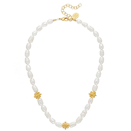 Freshwater Pearl with Handcast Gold Bentley Beads Necklace