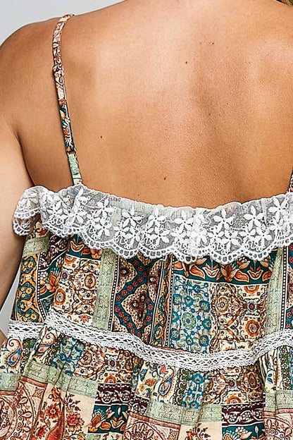 Lace Ruffles Ribbon Tie Cropped Floral Sleeveless Top