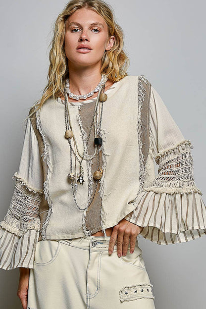 Raw Edge Contrast Panels Textured Woven Boxy Top
