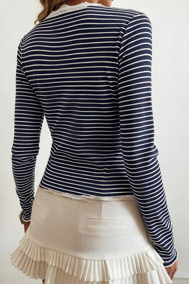 Striped Lace Trim Button Front Cardigan Top