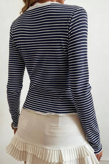 Striped Lace Trim Button Front Cardigan Top