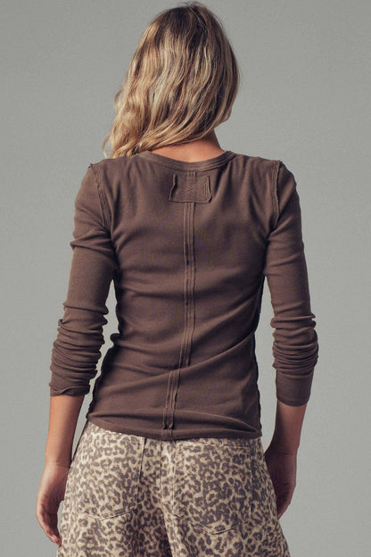 Ribbed Henley Long Sleeve Top