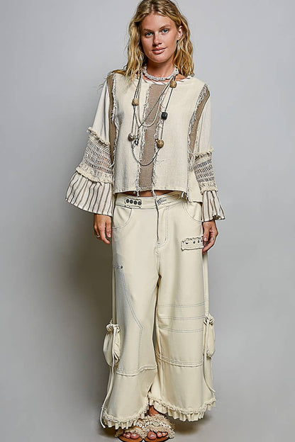 Raw Edge Contrast Panels Textured Woven Boxy Top