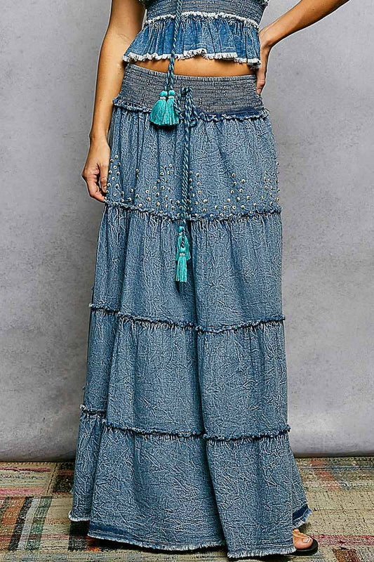 Embroidery Bead Tassel Tiered Denim Maxi Skirt