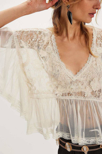 Sheer Lace Bell Sleeve V-Neck Top