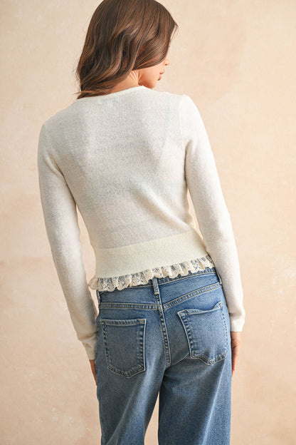 IVORY LACE CONTRASTED KNITTED CARDIGAN