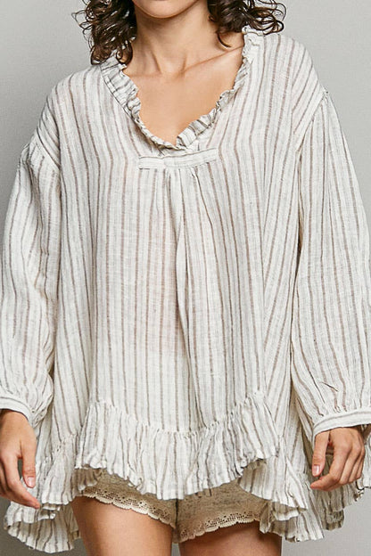 Deep V-Neck Stripe Cotton Ruffle Blouse