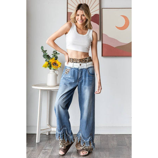 WASHED LEOPARD DOUBLE WAIST WITH FRAYED HEM JEANS
