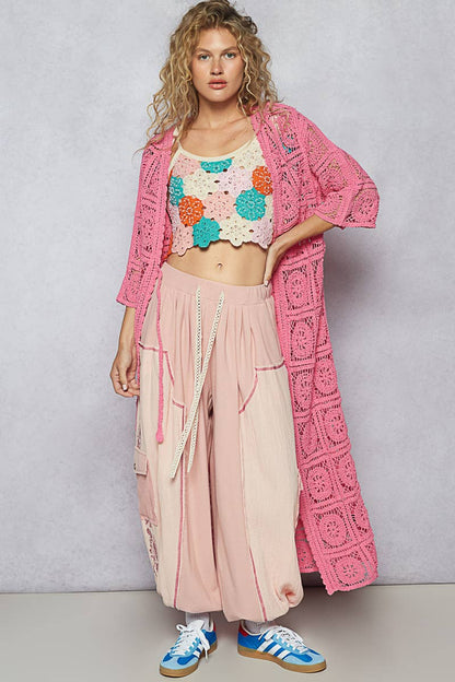 Long Sleeve Crochet Open Long Cardigan