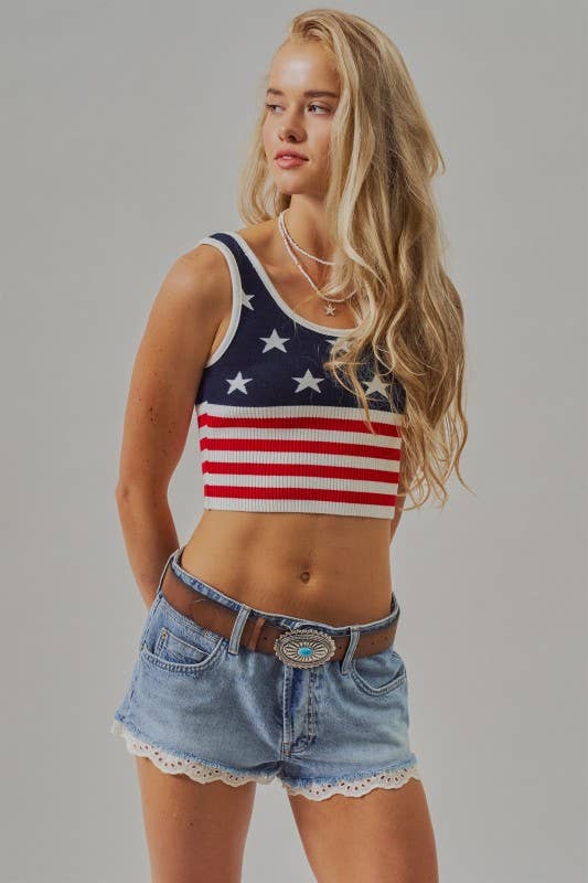 American Flag Knit Ribbed Crop Tank Top