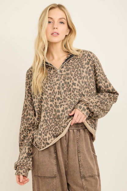Washed Leopard Half zip Pocket Sweatshirt