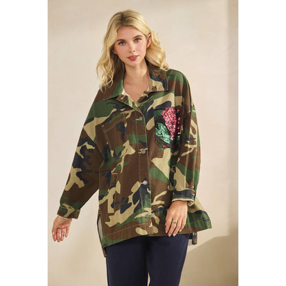 Camo Jacket with Floral Mesh Sequins Contrast
