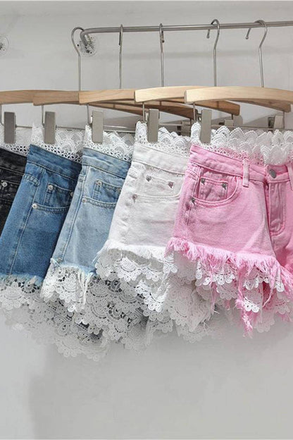 Lace-Accent Denim Shorts