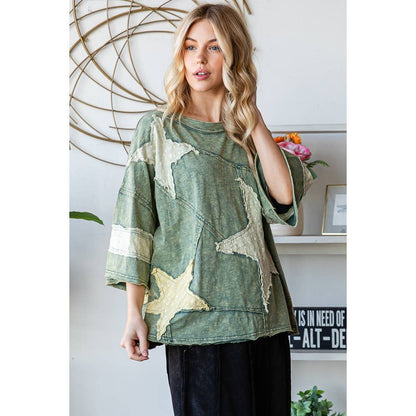 GREEN WASHED STAR PATCHWORK SHORT SLEEVE TOP