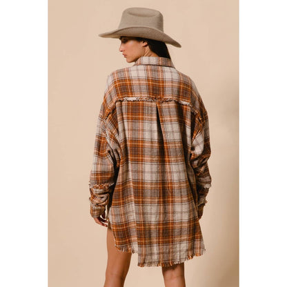 Checked Woven Frayed Shacket