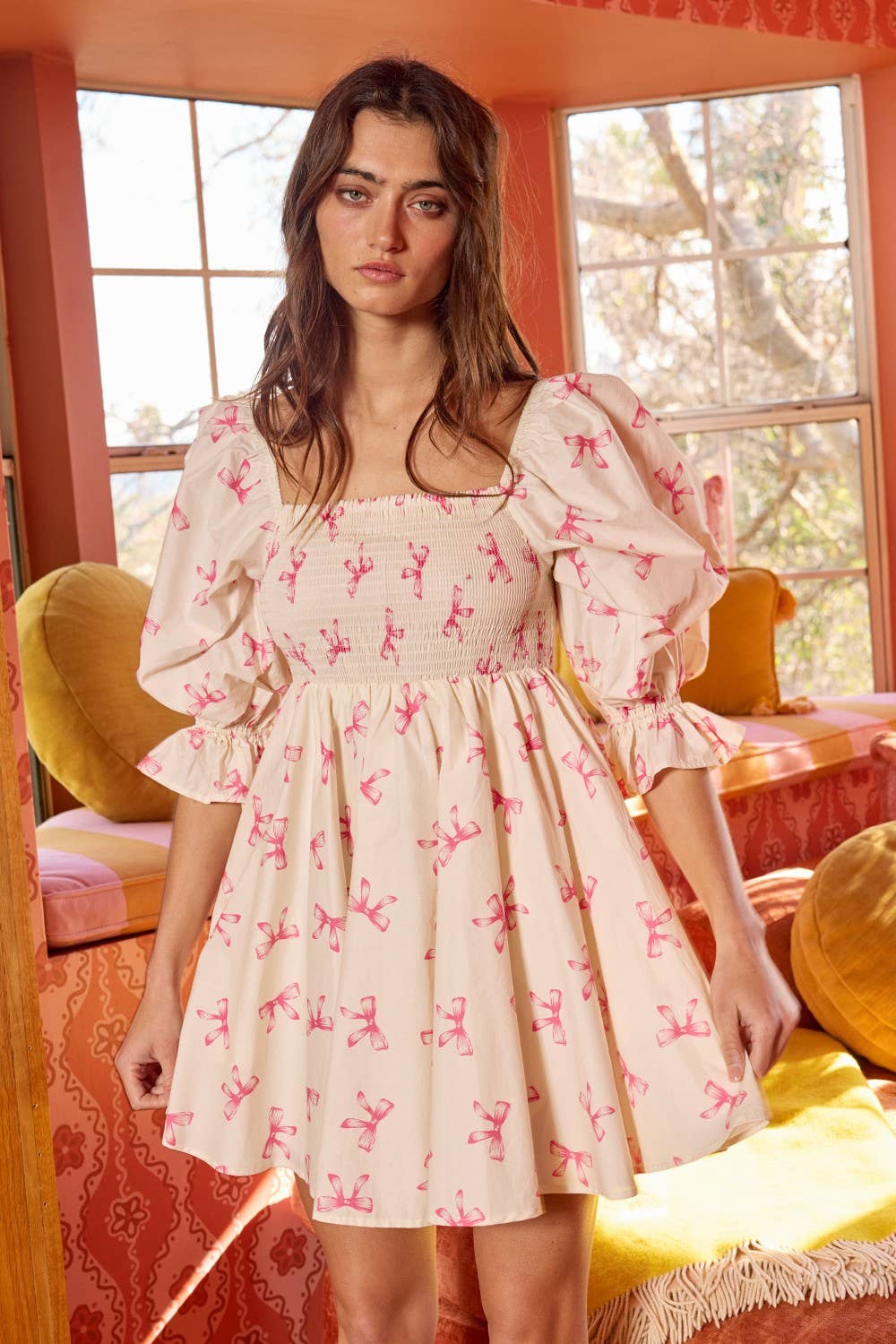 Puff Sleeve Smock Bow Print Mini Dress