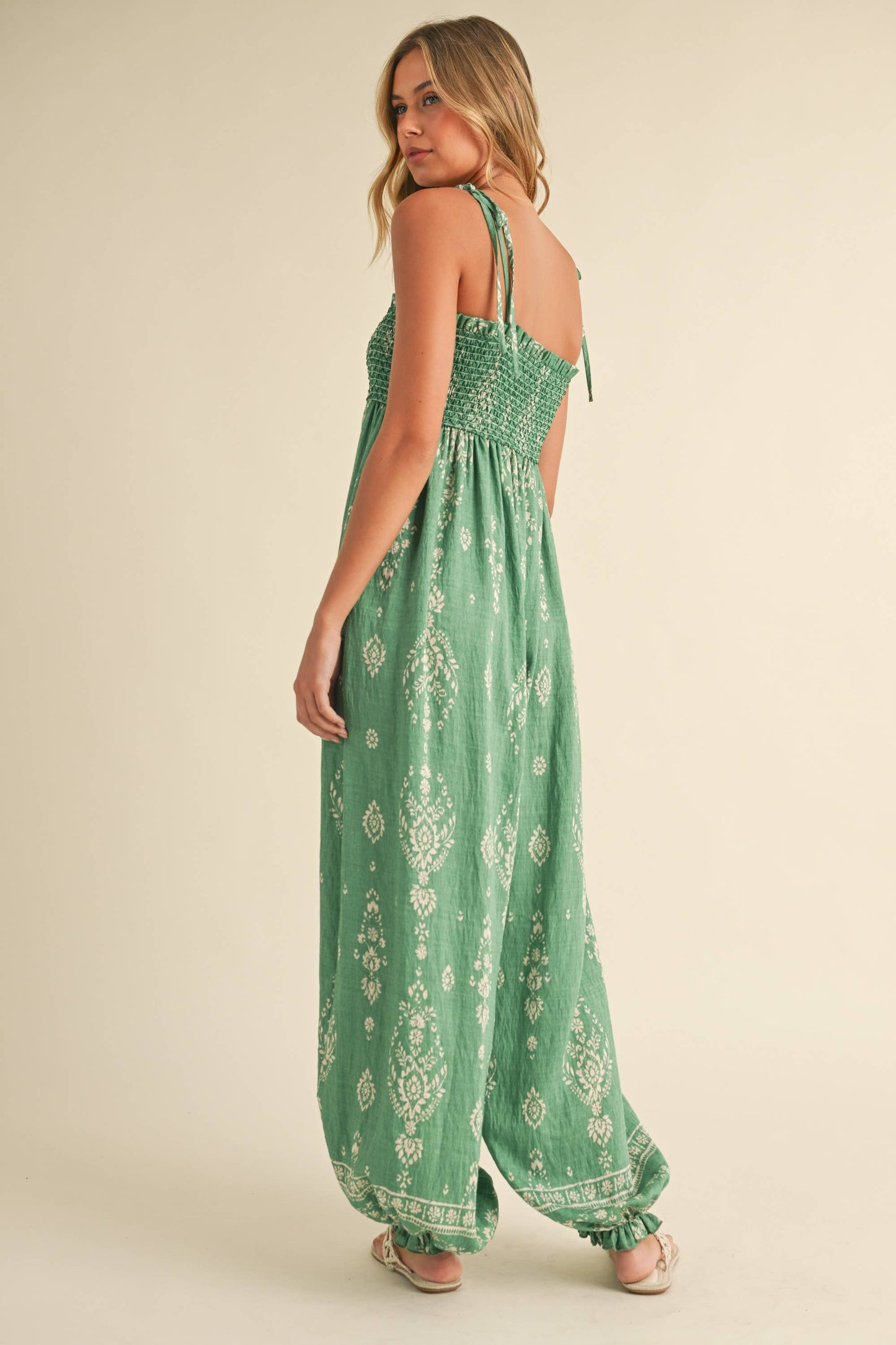 GREEN SMOCKED BALLOON JUMPSUIT
