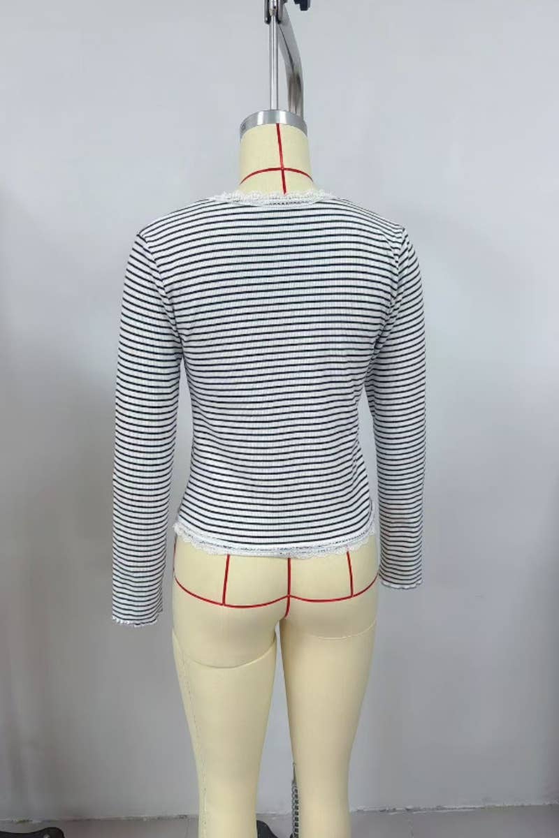 Striped Lace Trim Button Front Cardigan Top