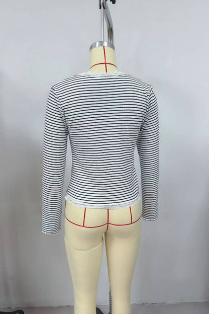 Striped Lace Trim Button Front Cardigan Top