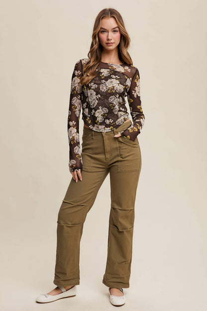 Floral Mesh Long Sleeve Layering Top