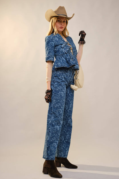 Western Horse Print Peplum Buckle Denim Top