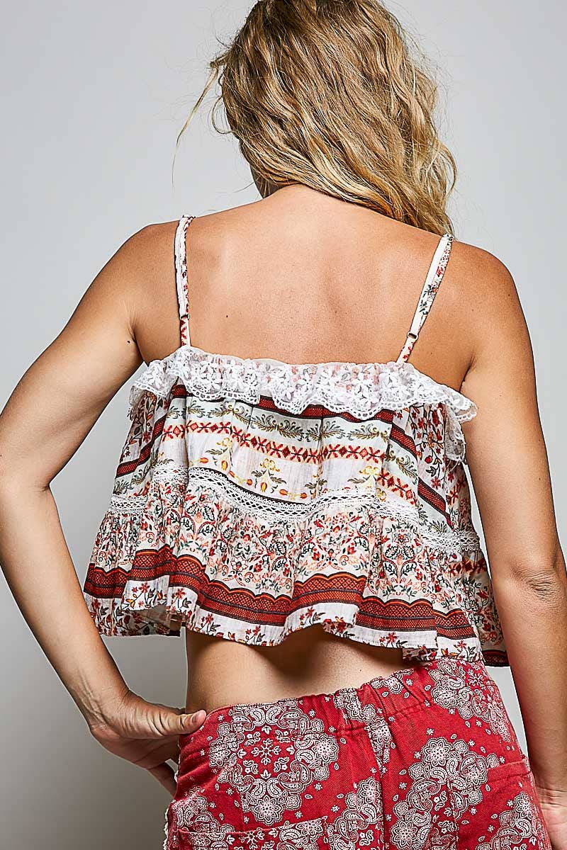 Lace Ruffles Ribbon Tie Cropped Floral Sleeveless Top