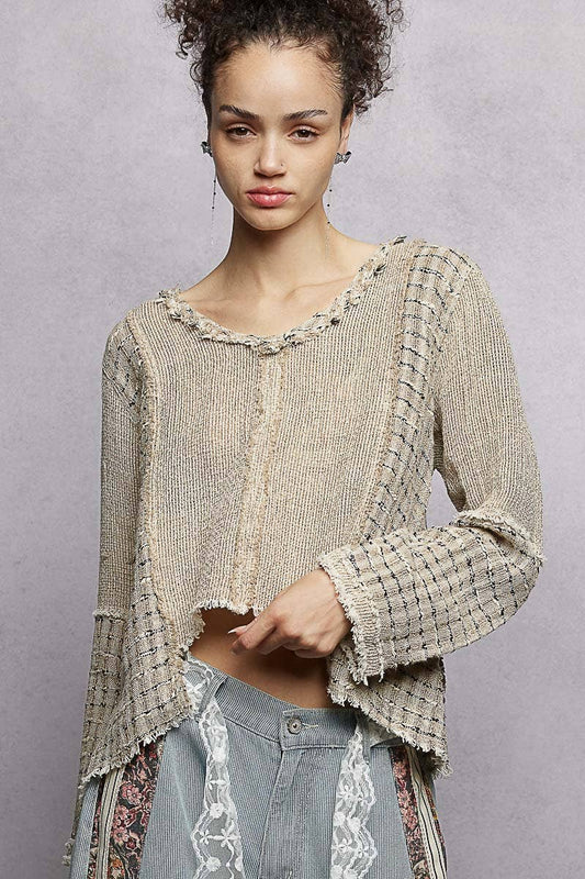 V-Neck High-Low Cut Outseam Raw Edge Linen Top