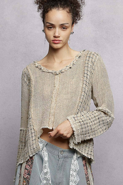 V-Neck High-Low Cut Outseam Raw Edge Linen Top