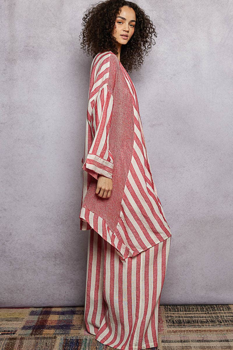 Stripe Elastic Waist Band Linen Wide Pants