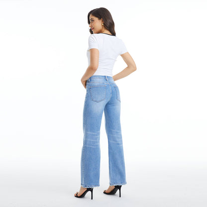 MID RISE WIDE LEG JEANS WITH FINISHED HEM