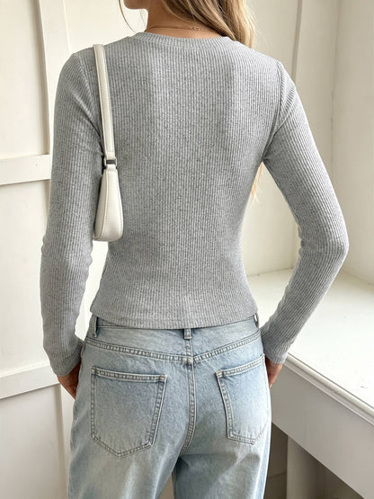 Lace Trim Button Front Ribbed Knit Top