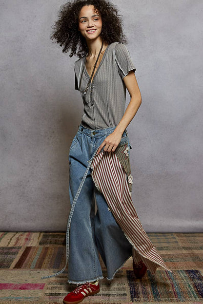 American flag wrapping raw edge camo/solid woven wide pants