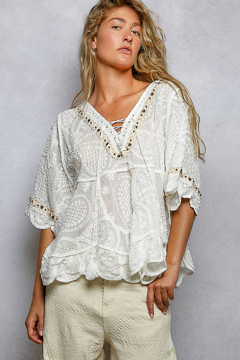 Short Sleeve Adjustable Drawstring Crochet V Neck Top