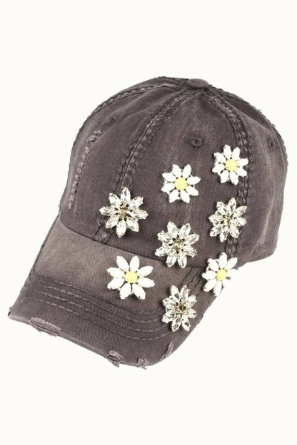 Daisy Bejeweled Bling Distressed Cap, Adjustable Multi colors available