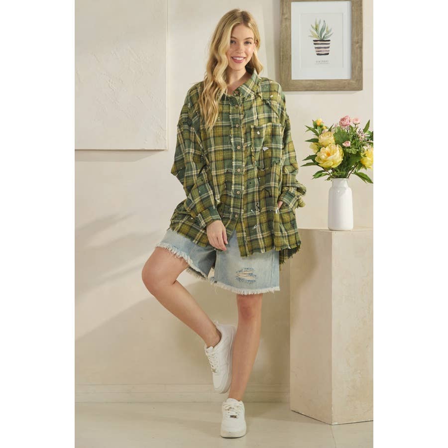 WASHED BUTTON DOWN LONG SLEEVE PLAID SHIRT