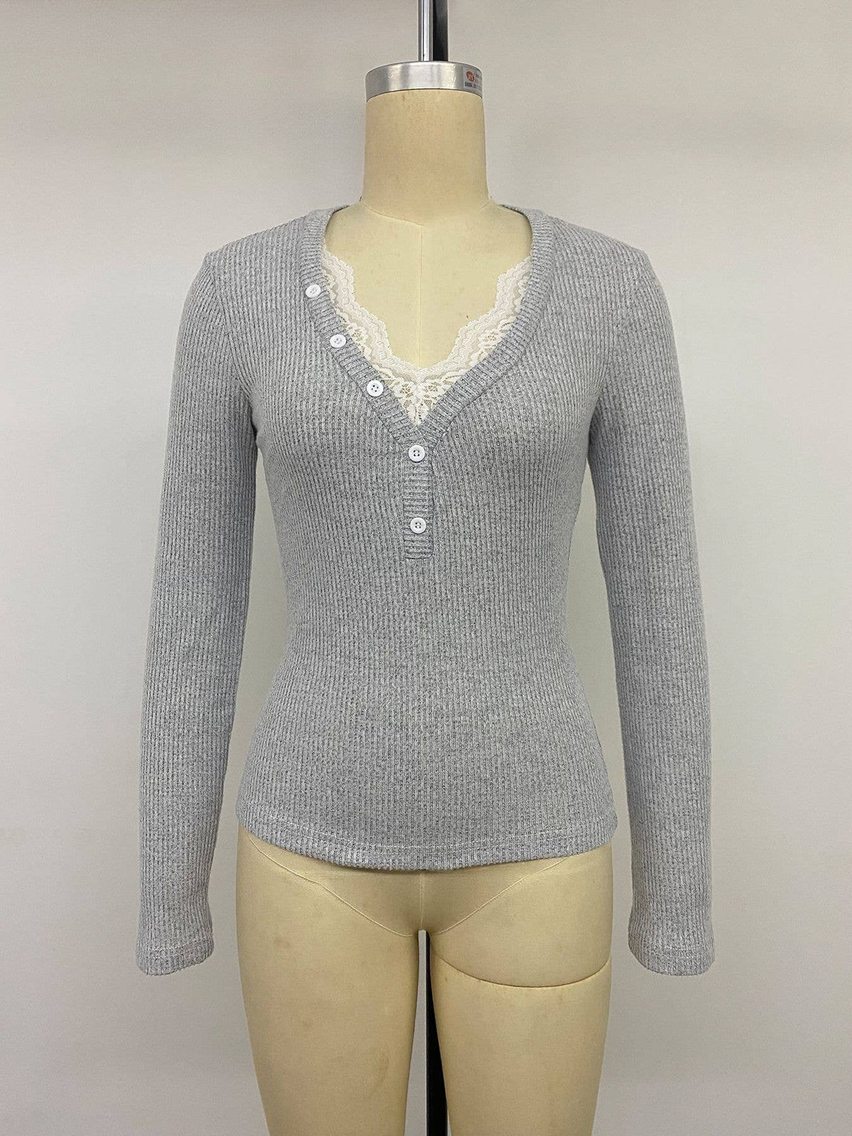 Lace Trim Button Front Ribbed Knit Top