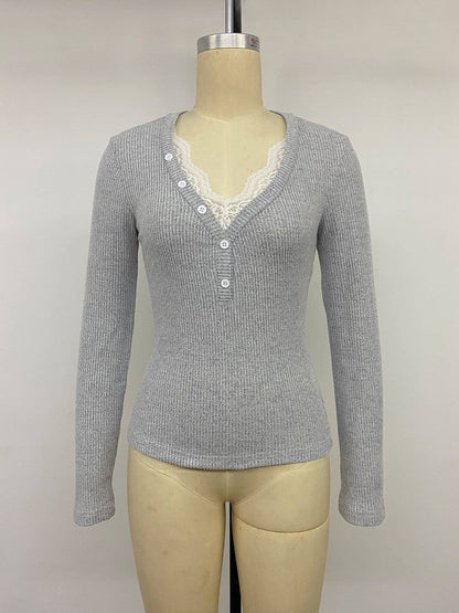 Lace Trim Button Front Ribbed Knit Top