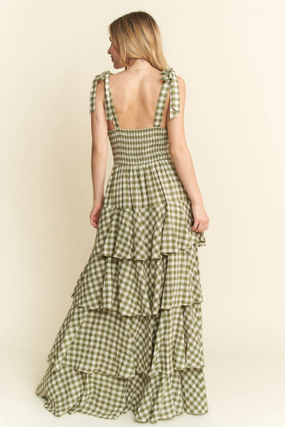 GREEN GINGHAM TIERED MAXI DRESS